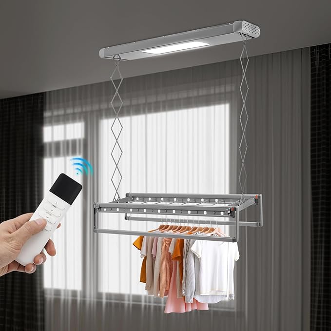 banborba Electric Retractable Airing Rack, Ceiling Mounted Clothes Drying Rack, Retractable Clothesline, Vertical Laundry Drying Rod with LED Light & Remote, 110V 24W, Gray