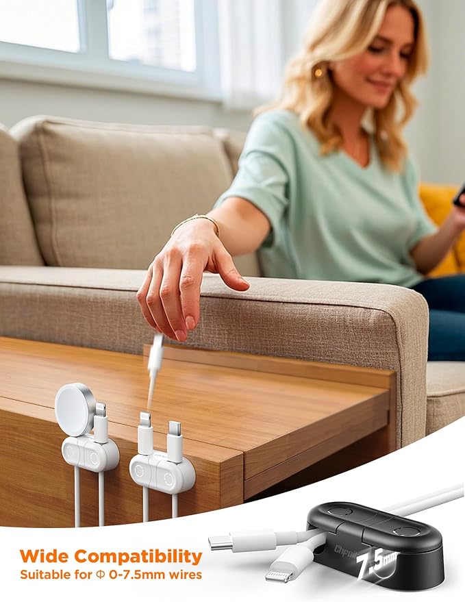 Magnetic Cable Clips - Chfeila 4Pack [Dual Slot] [360°Rotating & Twist-Lock] Cord Management, Adhesive Phone Charging Keeper, Wire Organizer Holder for Nightstand, Home Office Desk Accessories Decor