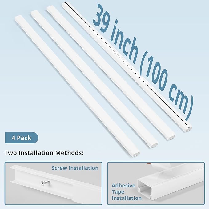 Cord Covers for Wires on Wall Extra-Long, 13.12ft TV Cord Hider Kit, Paintable Cable Management Concealer, White Cord Raceway Channel, 4 x L39in x W0.95in x H0.55in