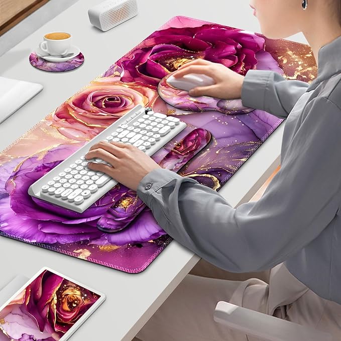 Gaming Mouse Pad, Large Desk Mat, Cute Desk Pad Protector, 4in1 XXL Mousepad + Keyboard Wrist Rest+Mouse Wrist Rest+Coaster Set with Ergonomic Desk Pad for Home Office PC, Marble Rose Purple Flowers