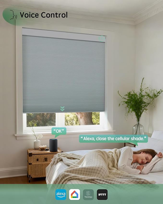Yoolax Smart Blinds, Motorized Cellular Shades Compatible with Alexa, Blackout Electric Blinds with Remote for Indoor Windows, Automatic Energy Saving Honeycomb Shades, White, 25" W x 72" H