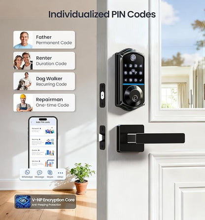 Veise VE017-B Fingerprint Smart Lock for Front Door, App Control, 7-in-1 Keyless Entry Deadbolt with 2 Zinc Alloy Lever Handles Set, Emergency Power Port, Auto Lock, Electronic Keypad, Black