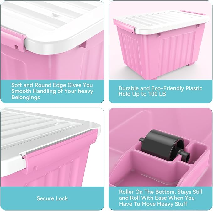 Nazhura Plastic Storage Bin, Stackable and Nestable Storage Boxes with White Lids and Secure Latching Buckles, Large Storage Container (Pink/White, 72Quart-6Pack)