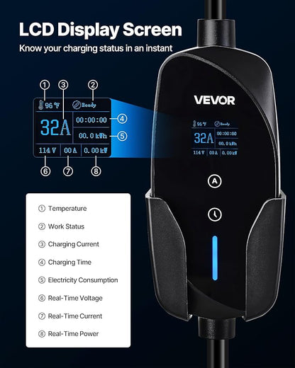 VEVOR Level 2 EV Charger, 32 Amp Adjustable Current, 240V Electric Vehicle Portable Charger with 25 ft Charging Cable, NEMA 14-50P Plug, LCD Display, Plug-in Home Car Charging Station for SAE J1772 EV