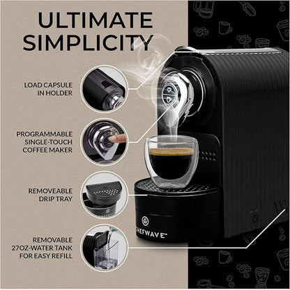 ChefWave Espresso Machine Compatible with Nespresso Capsules (Black) with Capsule Holder, and 2 Glass Cups Bundle with Handheld Milk Frother (2 items)