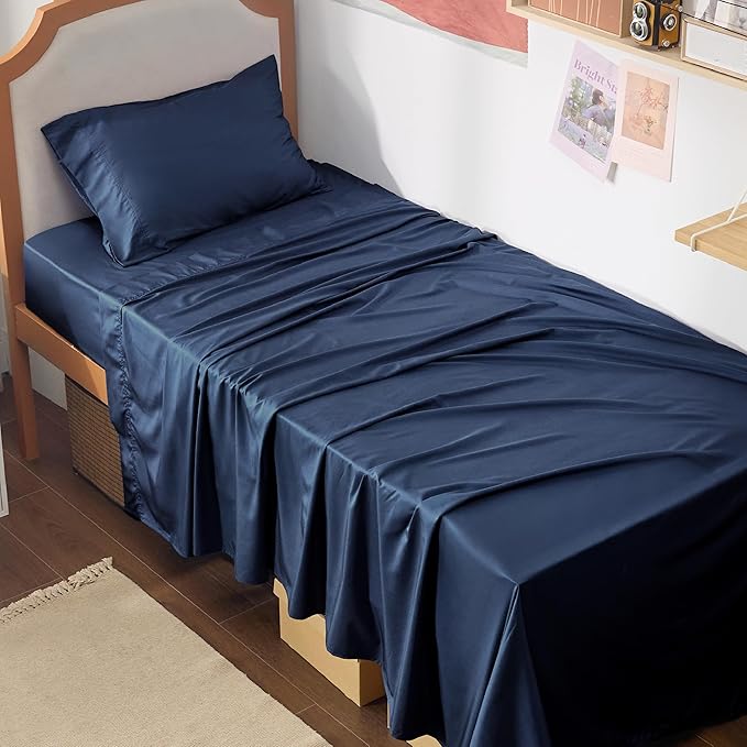 Bedsure Cooling Sheets Twin XL, Rayon Derived from Bamboo, Breathable & Soft Twin XL Sheet Sets, Deep Pocket Up to 16 Inches, Hotel Luxury Silky Dorm Bedding for Hot Sleepers, Navy