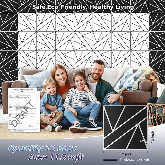 12 Pack 2-Layer Soundproof Wall Panels, 12 x 12 x 0.43 in Sound Proof FoamPanels for Walls, 0.9lb/ft* High Density, Thicker 0.43 in, 3D AcousticPanels,Artistic Noise Dampening Panels Black&White