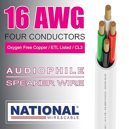 NATIONAL Wire&Cable - 16/4 Audiophile Speaker Wire (500 Feet) 16AWG Gauge - Made in USA - in Wall Audio Speaker Wire Cable/CL Rated/ETL Listed / 2 Conductors - OFC Oxygen-Free Copper, White 500ft