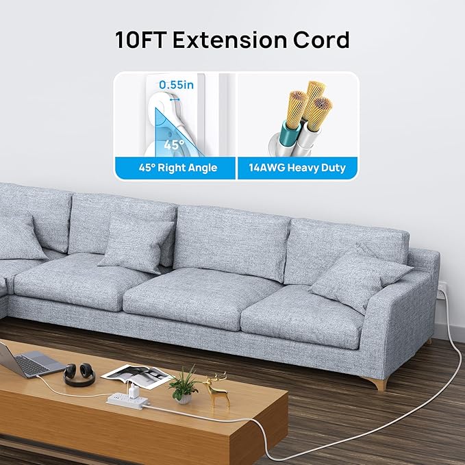 TROND Surge Protector Power Strip 10ft, ETL Listed, Flat Plug Long Extension Cord with 2 USB A and 1 USB C, 7 Widely-Spaced Outlets, Wall Mountable, 1700 Joules, White