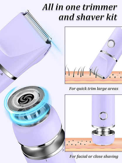 Cayzor Bikini Trimmer and Shaver Kit for Women - 2-in-1 Wet/Dry Electric Body Hair Trimmer Facial Hair Removal Cordless Waterproof Bikini Shaver Razor for Face Lip Chin Pubic Underarm Legs (Purple)