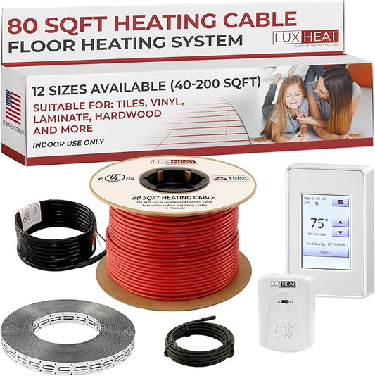 LuxHeat 80sqft Floor Heating Cable Kit - 240v Radiant Floor Heat System - Heated Flooring System Includes UDG4 Programmable Thermostat w/GFCI, Heating Cable, Strapping, Flooring Sensor & Alarm