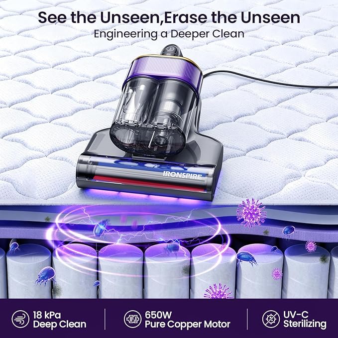 IRONSPIRE Bed Vacuum Cleaner, Mattress Vacuum with 2 Roller Brushes 253.7nm UV-C Light & Ultrasonic,145°F Heat, HEPA Filter, 18kPa Suction 650W Powerful Handheld Vacuums for Dust & Pet Hair(Corded)