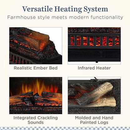 Country Living Electric Fireplace Logs, 27” LED Electric Fireplace Inserts with Infrared Heater, Electric Heater Heats up to 1000 Sq. Ft., Remote Controlled Infrared Heaters for Indoor Use, Black