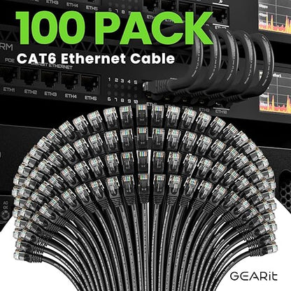 GEARit Cat 6 Ethernet Cable Pack - 100-Pack 1.5 ft Cat6 Ethernet Patch Cables | RJ45 Network Patch Cable, 10 Gbps Snagless Gold-Plated Connectors - Ethernet Cable Cat 6 for PC, TV, Router - Black