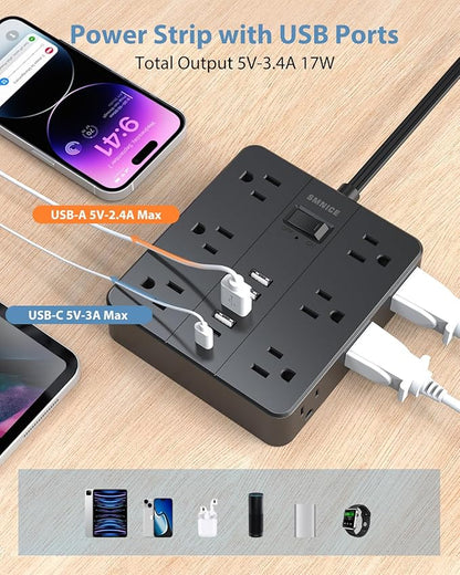 Power Strip Flat Plug with 12 Outlets 6 USB(2 USB C),SMNICE Surge Protector Charging Station with Overload Protection,5ft Extension Cord Widely Spaced Multiple Outlets for Home Office Dorm,Black