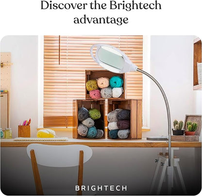 Brightech LightView Pro LED Magnifying Floor Lamp - Daylight Bright Full Spectrum Magnifier Lighted Glass Lens - Height Adjustable Gooseneck Standing Light - for Reading Task Craft Lighting - White