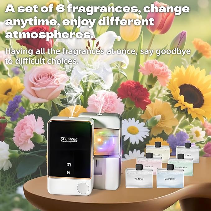 Waterless Essential Oil Diffuser for Home & Office Cordless Battery Operated Aroma Diffuser with 7 Mist Levels, Ultrasonic Air Freshener for Large Rooms Bedroom (6Piece Essential Oil Set)