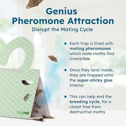 BugMD Clothes & Pantry Moth Traps (6 Count) – Sticky Glue Pheromone-Based Repellent for Closets, Cabinets & Wardrobes – Non-Toxic - Green