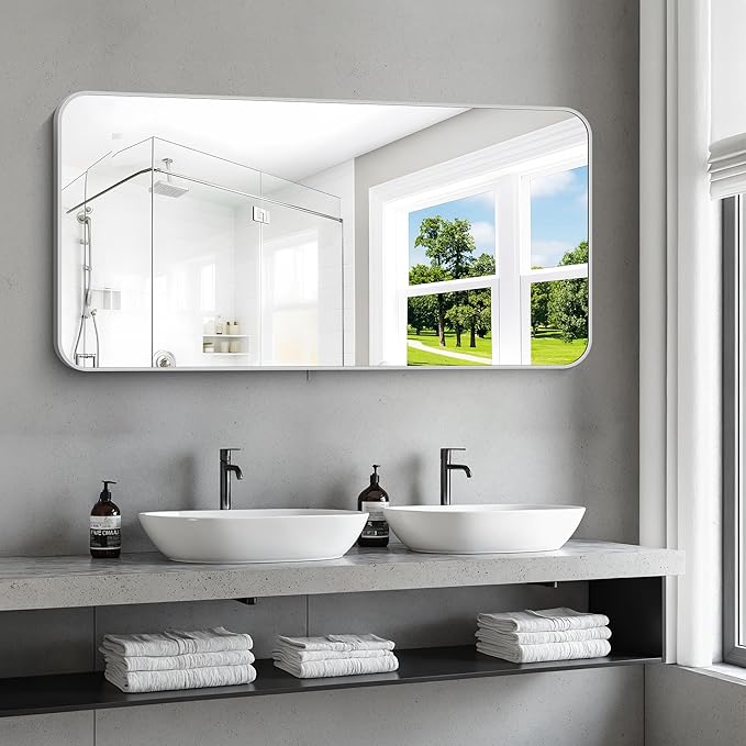 48x24 Inch Silver Bathroom Mirror, Metal Framed Silver Rectangle Mirror, Rounded Rectangular Vanity Mirror, Wall Mounted Mirrors for Living Room Bedroom Entryway Hangs Horizontal or Vertical
