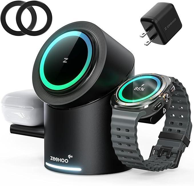 ZEEHOO 3 in 1 Charging Station for Samsung, Wireless Charger Stand, Qi2 15W Fast Charging for Samsung Galaxy S24 Ultra/S23 Ultra/S22/S21, Galaxy Watch Ultra/7/6/5, Galaxy Buds 2/2 Pro (Black)