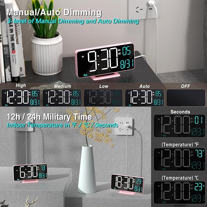 KOSUMOSU Clock for Bedroom, 6.7in Digital Alarm Clock, Auto Dimming, Room Temperature, Day of The Week, Seconds, Date, Alarm Clocks for Bedrooms, Digital Clocks for Living Room