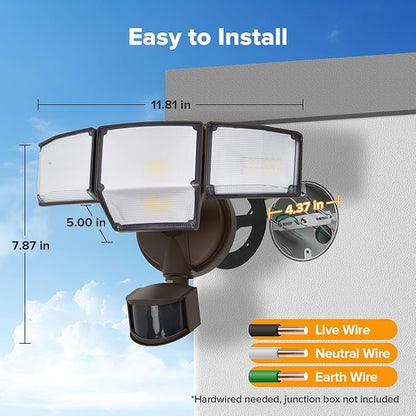 LUTEC 80W 9000LM LED Security Lights Hardwire Motion Sensor Outdoor Lights, 4 Head LED Flood Light Outdoor 5000K Daylight, IP65 Waterproof, Motion Detected Light for Outside, Garage, Yard (Brown)