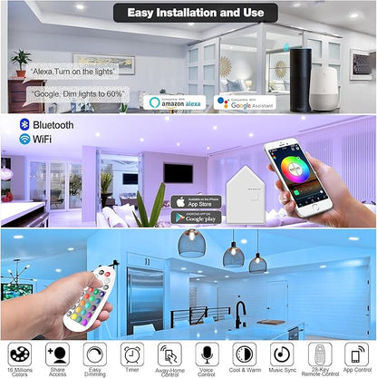 VANANCE Smart Can Light 6 Inch, Multicolorred, Dimmeble, 2700K-6500K CCT Selectable, RGB Remote LED Recessed Lighting 4 Pack, WiFi & Bluetooth LED Downlight, Compatible with Alexa Google Home