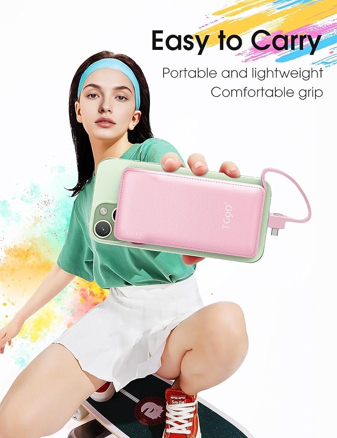TG90° 2 Pack Slim 10000mAh Power Bank Built-in Foldable AC Wall Plug and Cables,Ultra Compact Cell Phone Charger,Pocket Size USB C Portable Charger Compatible with iPhone Samsung,Black & Pink
