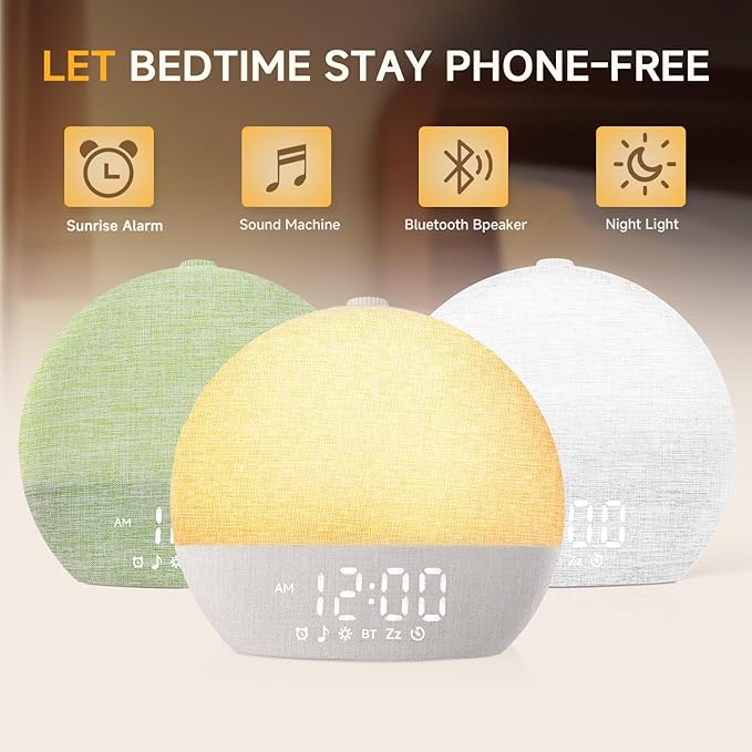 Geuuap Sunrise Alarm Clock White Noise Sound Machine for Bedroom | Natural Wake-Up Light with 30 Soothing Sleep Aids, Bluetooth Speaker, Dimmable Clock, Screen-Free Design for Baby Adults Kids-Khaki
