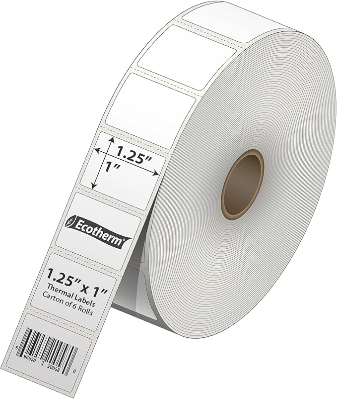 1.25" x 1" Thermal Labels | 6 Rolls | 14040 Labels | fits Zebra, Godex, Arkscan, iDPRT, Offnova Thermal Label Printers and More | Blank White Adhesive Stickers by Ecotherm