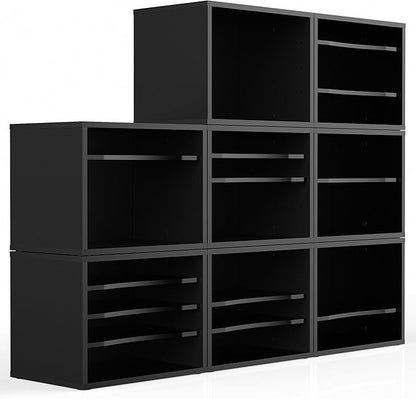 FITUEYES Wood Desk Paper Organizer with 4 Tiers Storage, Desktop File Holder, Document Letter Sorter Tray with Adjustable Shelves, Home Office Wooden Mail Rack, Black