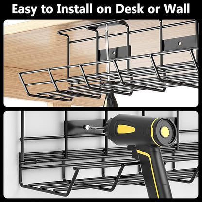 2 Pack DELAMU Under Desk Cable Management Tray, Metal Cord Cable Organizer for Desk, Easy Install Pre-drilled Wire Management Wire Organizer for Office & Home