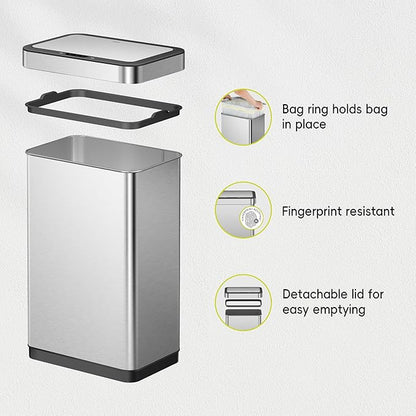 EKO EcoNova 13.2 Gallon/ 50L Automatic Sensor Kitchen Trash Can, Stainless Steel Touchless Garbage Bin with Soft-Close &Stay-Open Lid, Fingerprint-Resistant