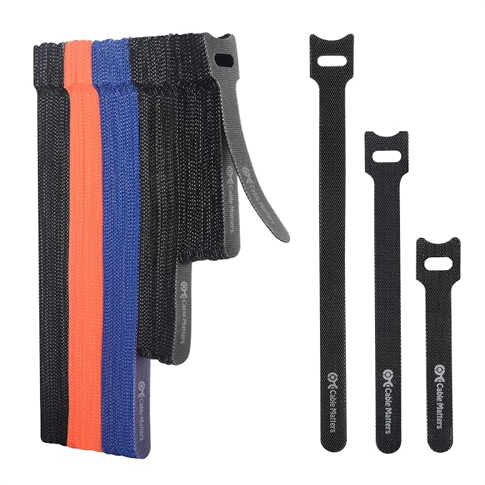 Cable Matters 100-Pack Hook-and-Loop Reusable Cable Ties, Sizes 4", 6", 8" with 42 lbs Tensile Strength - Multi-Color Cable Straps, Cord Organizers, Cord Management Ties