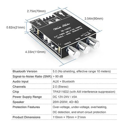 Wuzhi Audio ZK-1002T Bluetooth Amplifier Board 100W+100W Audio Amplifier Supports AUX/Bluetooth,Wide Voltage Input 12-24V