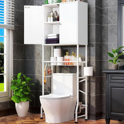 Over The Toilet Storage Cabinet - Bathroom Organizers Shelf with Barn Doors, Freestanding Space-Saver Above Toilet Storage Cabinet , Water-Resistant Rack for Bathroom，Anti-Tip Toilet Shelves (White)