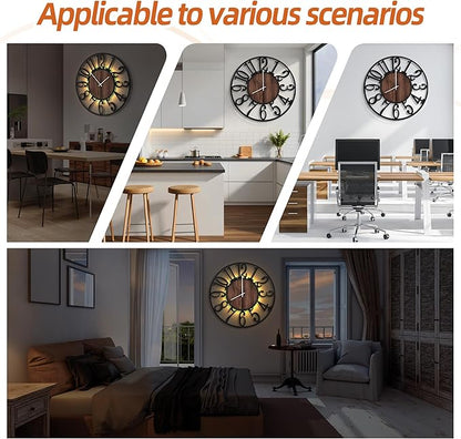 LEIKE Large Wall Clocks with Night Light Battery Operated,Silent Non Ticking,Rustic Modern Big Wood Clock for Living Room, Bedroom,Kitchen,Farmhouse,Office,Home Decor-30 Inch(Black-Arabic Number)