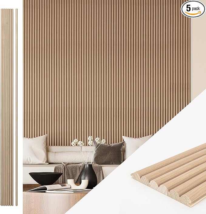Art3d Fluted Wood Panel for Wall and Ceiling, Beaded Accent molding for Home Decoration, Pack of 4pcs + 1pc End-Trim, Size 108 x 5.7in.- Beaded Ashtree