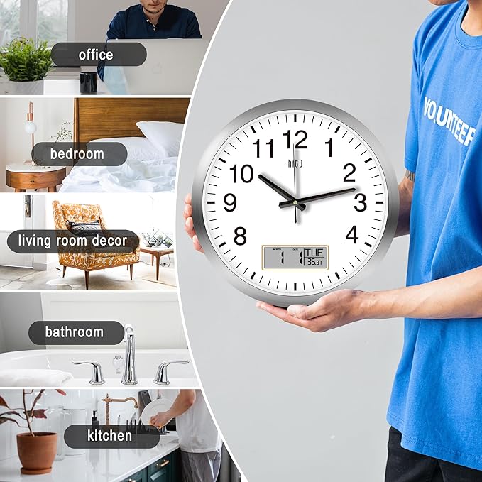 HITO 16 Inch Silent Wall Clock Battery Operated with Temperature and Date, Large Wall Clock for Living Room Decor, Office, Classroom, Bedroom