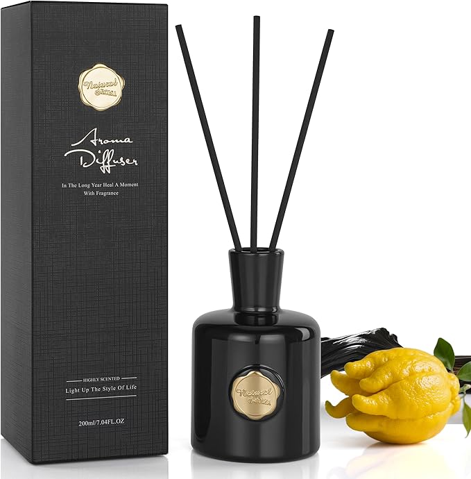XEPTLE Reed Diffuser Set, 7.04 oz Oud & Bergamot Scent Diffuser with 5 Sticks, Long Lasting Air Freshener, Essential Oil Reed Diffuser for Home, Home Fragrance for Office, Bathroom Shelf Decor, Black