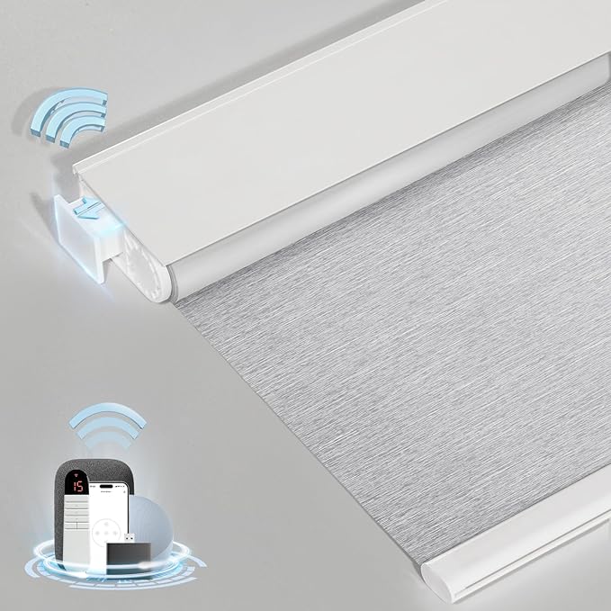 MANSNIX Smart Motorized Blinds with Remote, Cordless No-Drill Automatic Roller Shades, Blackout Electric Blind for Windows, Grey, 48 x 72