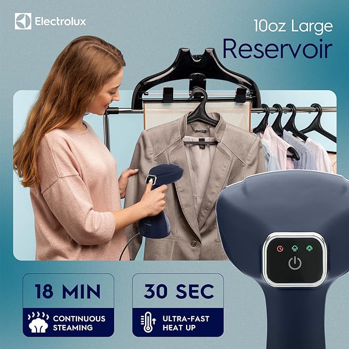 Electrolux Steamer for Clothes, 1500 Watt Portable Handheld Fabric and Garment Steamer with Lint Remover & Fabric Brush, Ultra-Fast Heat Up, 18 Min Continuous Steam for Powerful Wrinkle Remover, Blue