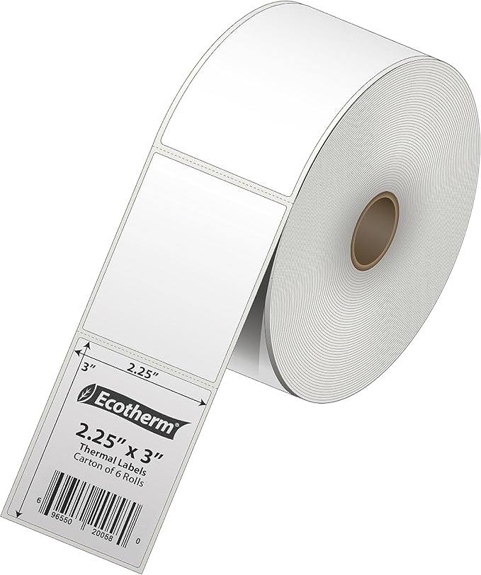 2.25" x 3" Thermal Labels | 6 Rolls | 5040 Labels | fits Zebra, Munbyn, Rollo, Godex, Arkscan, iDPRT, Offnova Thermal Label Printers and More | Blank White Adhesive Stickers by Ecotherm