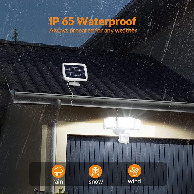 LEPOWER 1600LM LED Solar Security Lights Motion Outdoor, Motion Sensor Light, 5500K White Light, IP65 Waterproof Outdoor Flood Solar Light with 3 Adjustable Head for Yard, Garage（White）