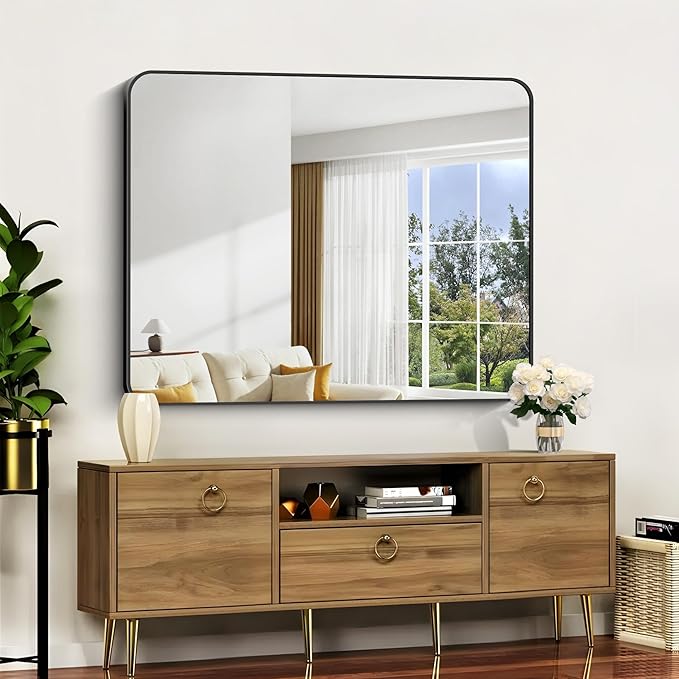 Bathroom Mirror, 48 x 40 inch Black Rectangle Wall Mirror, Metal Frame Rectangular Vanity Mirror, Rounded Corner Wall Mounted Mirror for Modern Bedroom Living Room Hangs Horizontal/Vertical