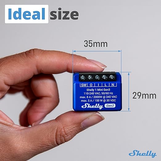 Shelly 1 Mini Gen3 | WiFi Smart Switch Relay 1 Channel 8A | Home Automation | Bluetooth Gateway | Compatible with Alexa & Google Home | iOS Android App | No Hub Required | Dry Contacts