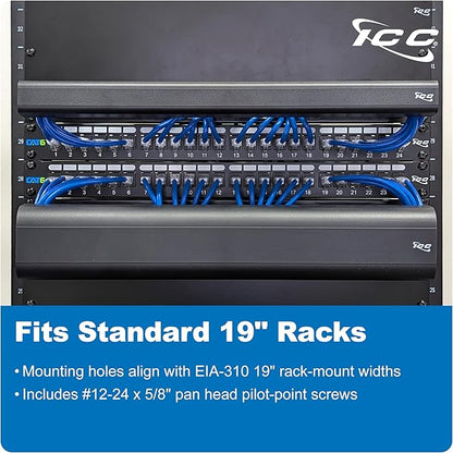 ICC 2U Ring Cable Manager Panel with Cover, Plastic with Metal Back Frame, 4" D-Rings, Horizontal Cable Management, Rackmount for 19” Network Racks, Black, 6-Pack