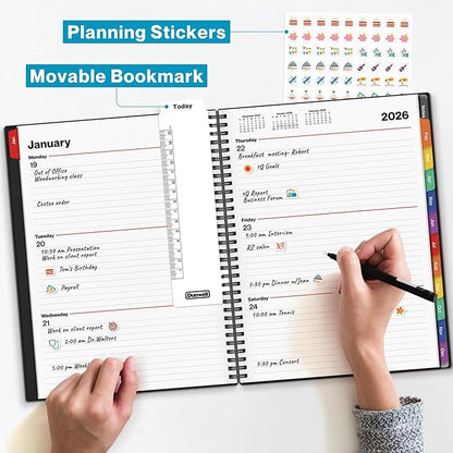 Dunwell 2026 Planner Book 8.5x11, Weekly Monthly Calendar, Jan to Dec, Large Daily Organizer with Colorful Tabs, Bookmark, Notes Section & Stickers