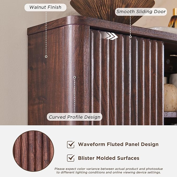 RedLemon Bathroom Wall Cabinet w/Fluted Sliding Door, Modern Medicine Cabinet with Adjustable Shelf, Curved Profile Wall Mounted Storage Organizer, Walnut