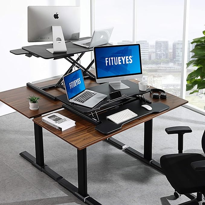 FITUEYES Height Adjustable Standing Desk 32” Wide Sit to Stand Converter Stand Up Desk Tabletop Workstation for Dual Monitor Riser FSD308001WB
